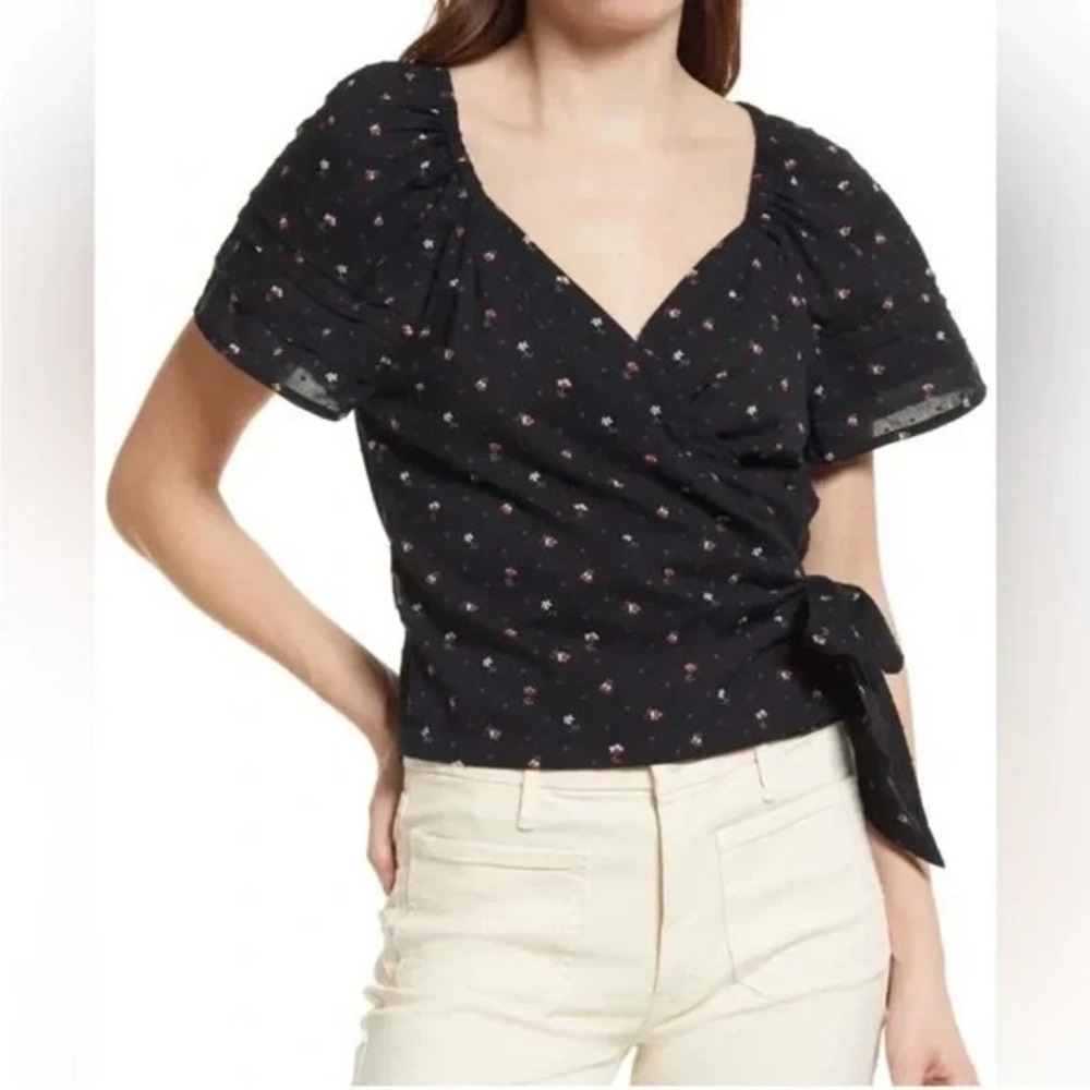 Madewell Ruffle Sleeve Wrap Top Spring Floral‎ Sz S Boho Cottagecore 100% Cotton